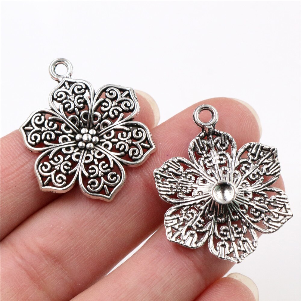 Pingente feito à mão dos encantos: diy para o colar do bracelete 32x24mm 10 pces prata antiga chapeado e bronze chapeado flor estilo