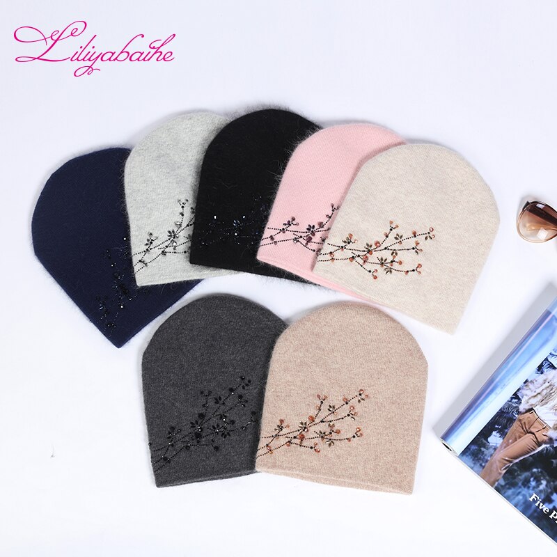 Liliyabaihe naisten syys- ja talvihattu angora neulotut skullies pipot pipo timantti kukka koristeet hatut tytöille