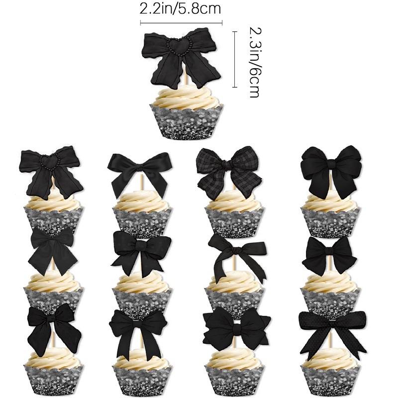 13pcs Black Bow Tie Cake Decoration,Girl's Bow Happy Birthday Cake Insert