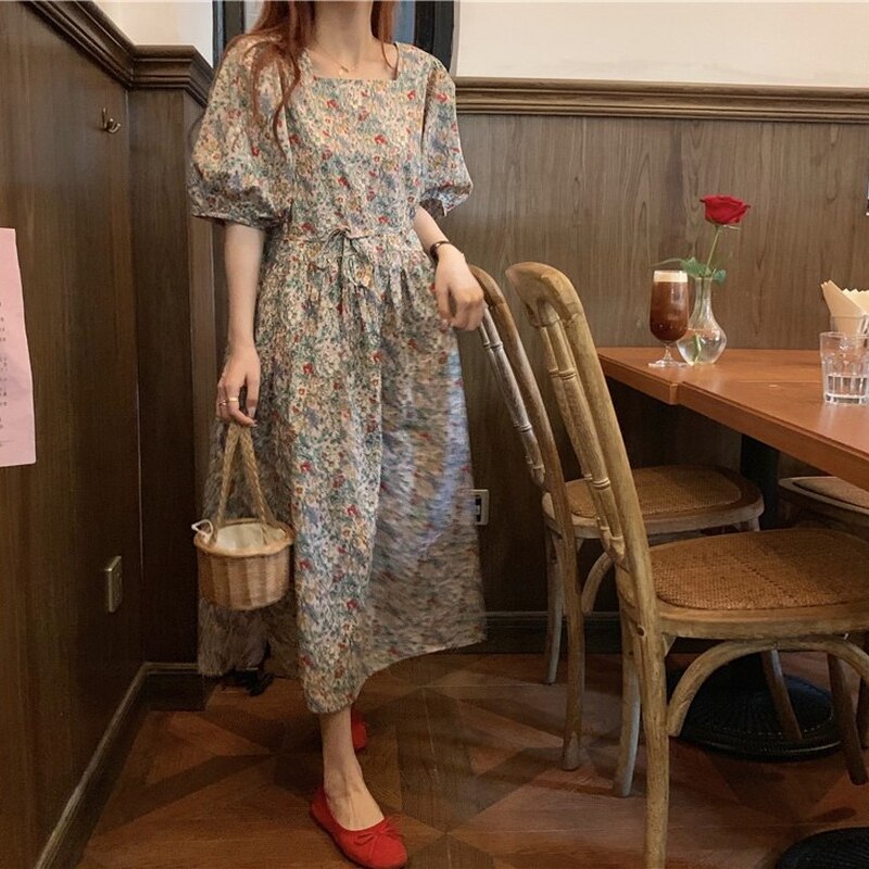 Ezgaga floral impresso vestido feminino estilo francês vintage meia manga sopro 2021 primavera verão menina terno vestidos elegantes