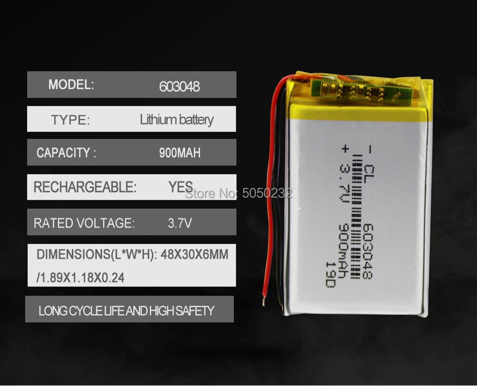 Batería recargable de 3,7 V, 900mAh, 603048, polímero de litio, li-po, celdas de iones de litio para luz LED, DVD, GPS, MP5, PDA, PSP, Banco de energía, 1 ud.
