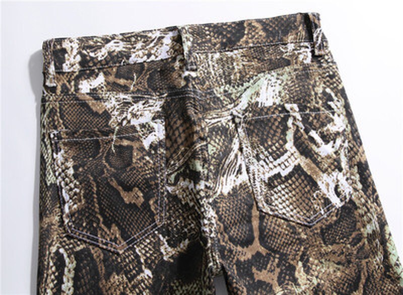 Skinny jeans mænd herre jeans slangeskind print slim farvede stretch denim bukser til mænd