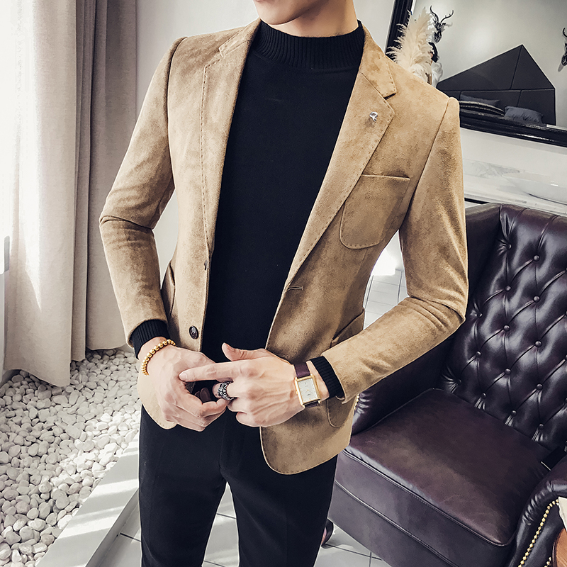 Veste en cuir de cerf pour Homme, manteau coupe cintrée, style coréen, pour boîte de nuit, chanteur sur scène: Kaki / Asian size M