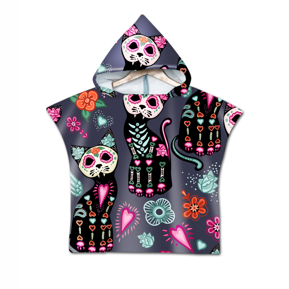 Gotisk cool halloween skræmmende kat skelet kranium baby børn børn hættehåndklæde pool bad strand poncho håndklæde kappe