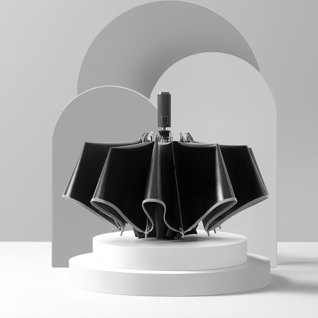 4# Automatic Umbrella Reverse Folding Business Umbrella With Reflective Strips Umbrellas Rain For Men Women Black Coating Зонт: Black 