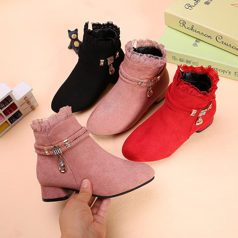 Chaussures princesse en dentelle à la cheville pour enfant, chaussures d'hiver pour fille 12 6 ans, à talons pour l'automne, bottes en cuir pour l'école