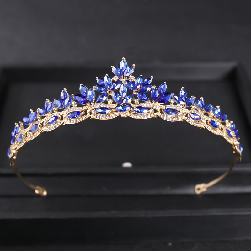 Barokk luksus rhinestone brudekrone tiara sølvbelagt krystall ball diadem kroner pannebånd bryllup hårtilbehør smykker: Blå