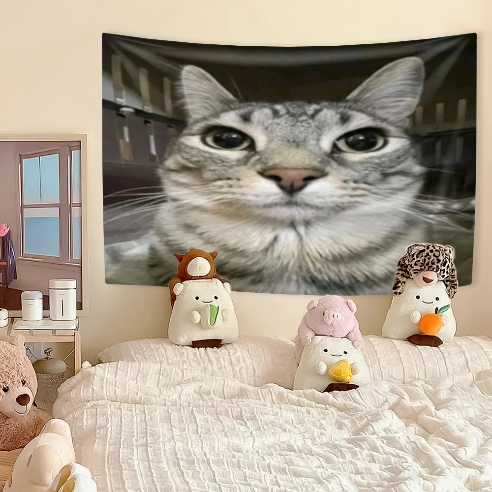 Tapiz de Meme de gato divertido, decoración del hogar de animales Kawaii, tela para colgar en la pared, dormitorio, fondo, de Festival: 150x100CM / Albaricoque