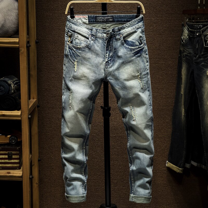 Skinny jeans herre lyseblå stretch ripped biker jeans bukser mand nødstedte herre jeans slim fit afslappet denim bukser drenge bukser
