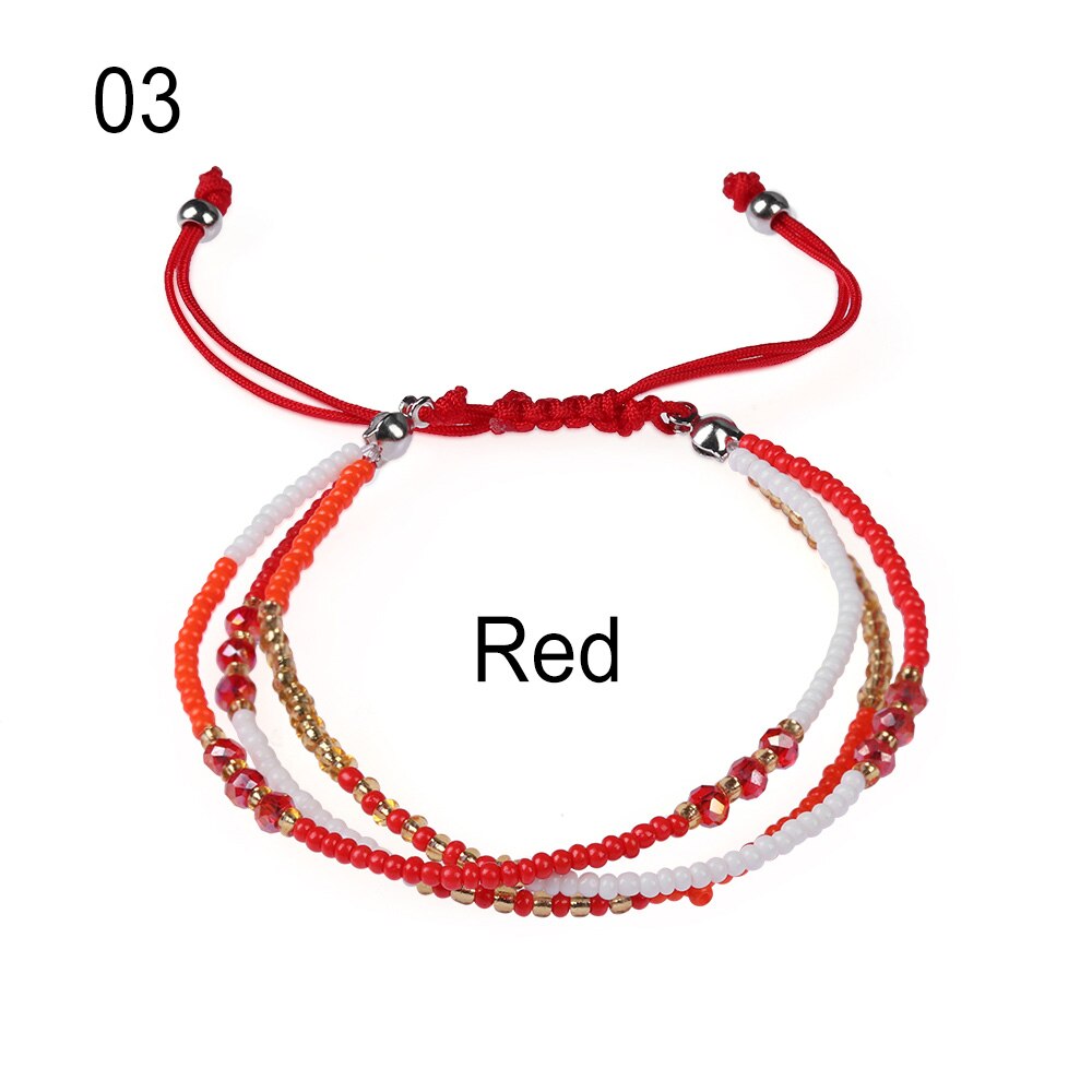 Multi-capa bohemio tejido a mano colorido tejido redondo con cuentas pulsera Retro arroz ajustable cuerda Ethnic Bracele: 3 Red