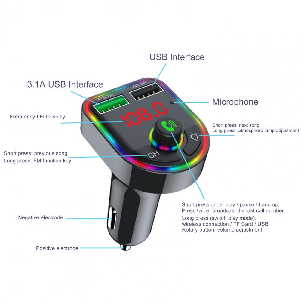 F6 Wireless Bluetooth 5.0 Luminous Audio Receiver FM Transmitter MP3 Player 2 USB Wireless Luminous Car Bluetooth 5.0 MP3