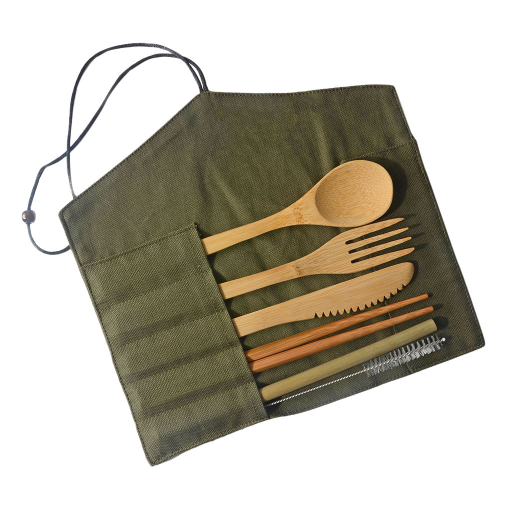 Portable Eco-friendly Fork Spoon Knife Toothbrush Chopsticks Bamboo Straw with Cutlery Bag for Travel Picnic Set: Army Green 