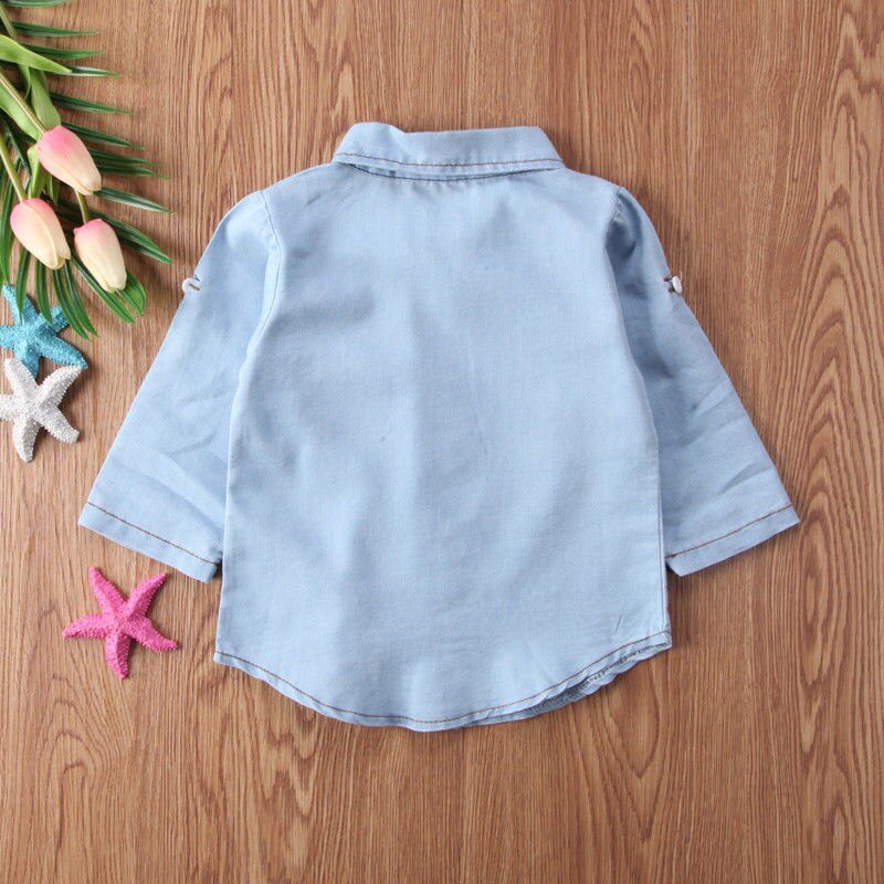 Baby Jongens Meisjes Effen Kleur Shirt Verstelbare Mouwen Button Down Denim Blouse Casual Top