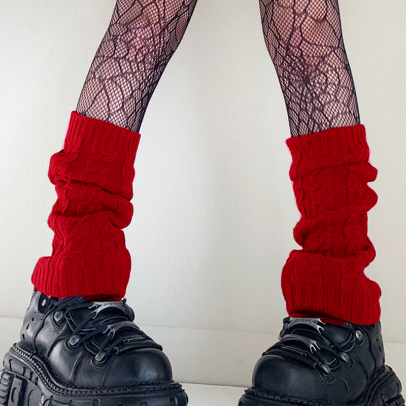 Female Leg Warmers Adults Solid Color Jacquard Knitted Stocking Leg Sleeve for Autumn Winter: Red