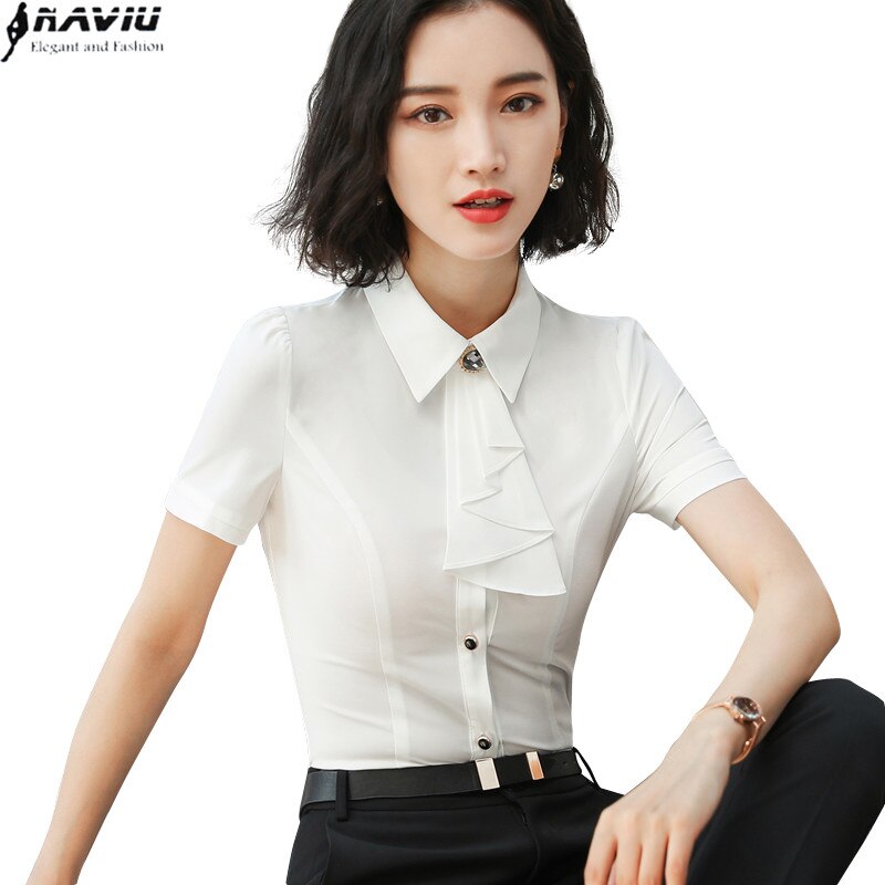 Naviu dam sommarskjorta ol formell fluga kortärmad slim chiffong blusar kontor dam plus size toppar