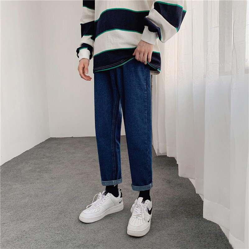 Mænd jeans solid all-match fritid streetwear ankellange lige bukser herre koreansk stil plus størrelse 3xl harajuku ulzzang: Mørkeblå / Xxxl