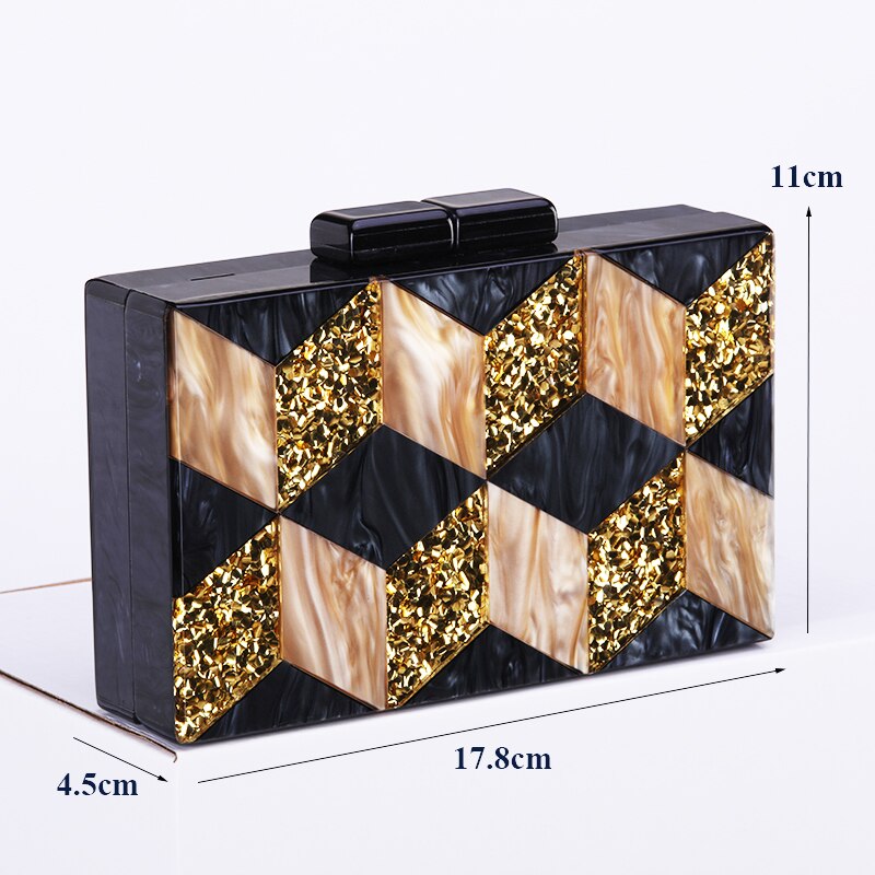 Female Black Pearlescent Acrylic Evening Bags Vintage Women Messenger Bags Gold Sequins Clutches Patchwork Party Handbags