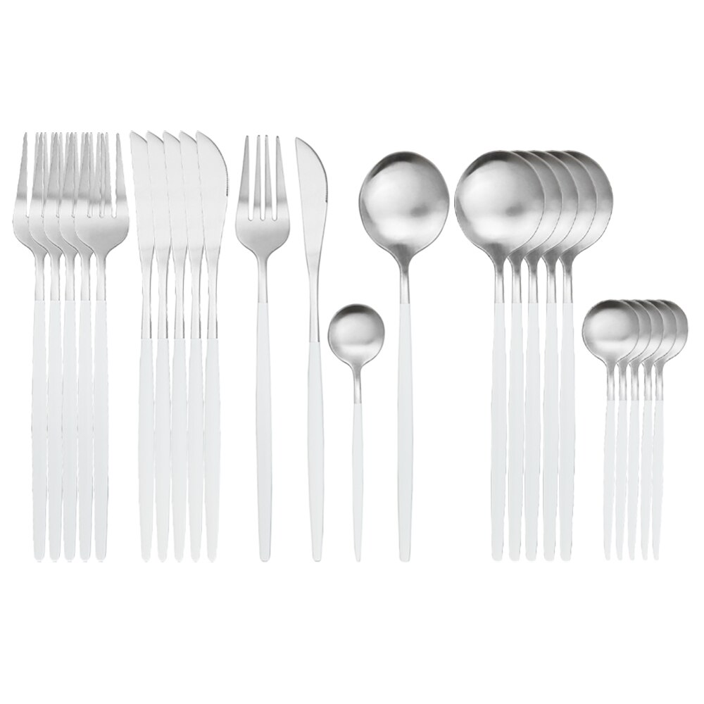 Couverts bleu en acier inoxydable 410, 24 pièces, service de table, coutellerie, cuillère, fourchette, couteau, argenterie, coutellerie: White Silver