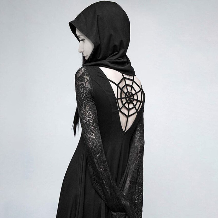 Dark Punk Gothic Lace Hooded Midi Dress High Low Hem Scary Cobweb Costumes Women Adult Horror Dark Black Robe For Girls