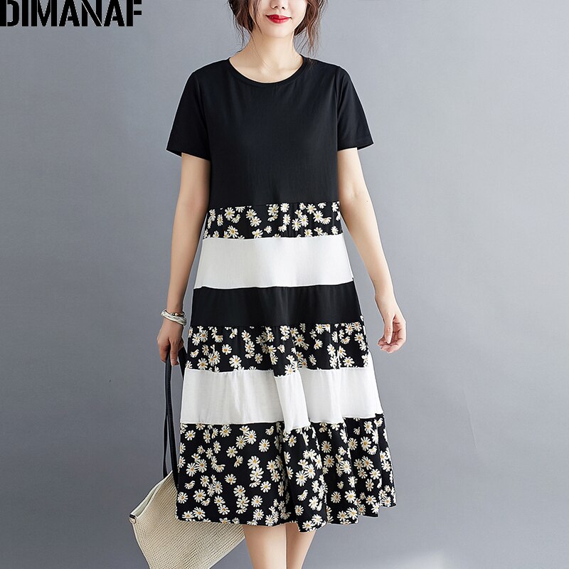 Dimanaf sommar plus size klänning damkläder solklänning löst tryck blommig veckad skarvad dam vestidos svart klänning