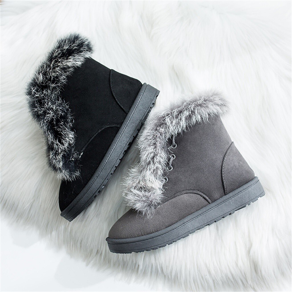 Oreilles de lapin femmes bottes de neige daim bout rond à lacets bottes chaudes avec peluche à l'intérieur tourner bord chaussures de pain d'hiver