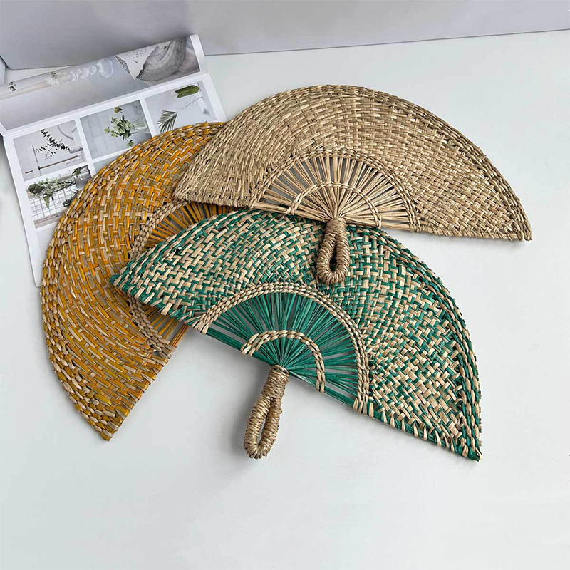 Hand-woven Straw Fan Decorative Handmade Semicircular Woven Fan Summer Cooling Fan Handheld Fan Home Decor