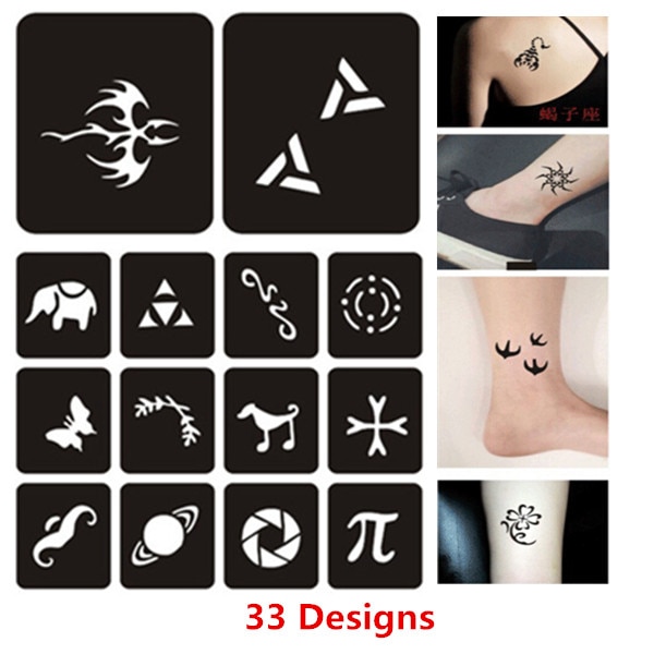 33 stks/set Resuable Henna Tatoeages Stencils Airbrush Stencil Tekening Templates Glitter Tattoo Sjablonen
