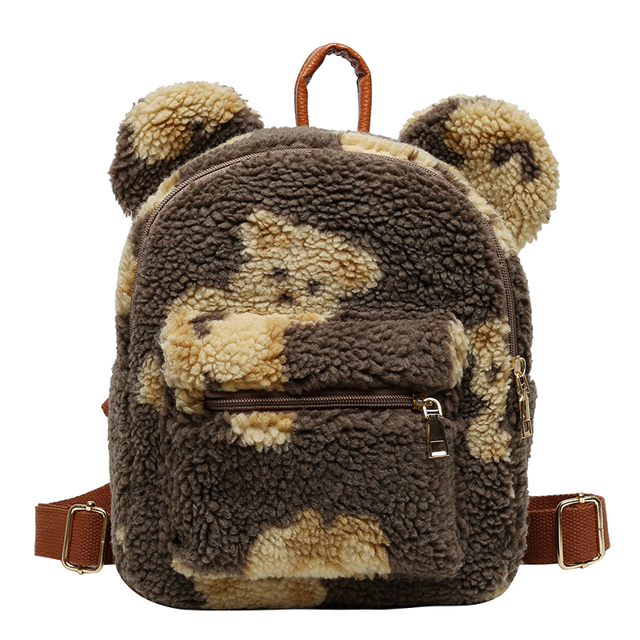 Bear Ears Plush Female Backpack Faux Fur Shoulders Bag Cute Furry Women Bag Winter Bags For Women 2022 Mini Girl Backpacks: Brown Bear Backpack