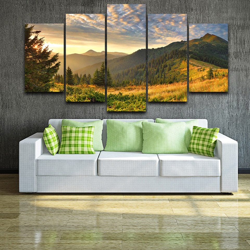 HD Print Painting Canvas Home Decor 5 Piece Sunset Mountain Clouds Green Nature Landscape Poster Modular Wall Art Pictures Frame