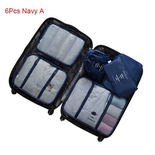 Mihawk Travel Bags Sets Waterproof Packing Cube Portable Clothing Sorting Organizer Luggage Tote System Durable Tidy Pouch Stuff: 6Pcs Navy A