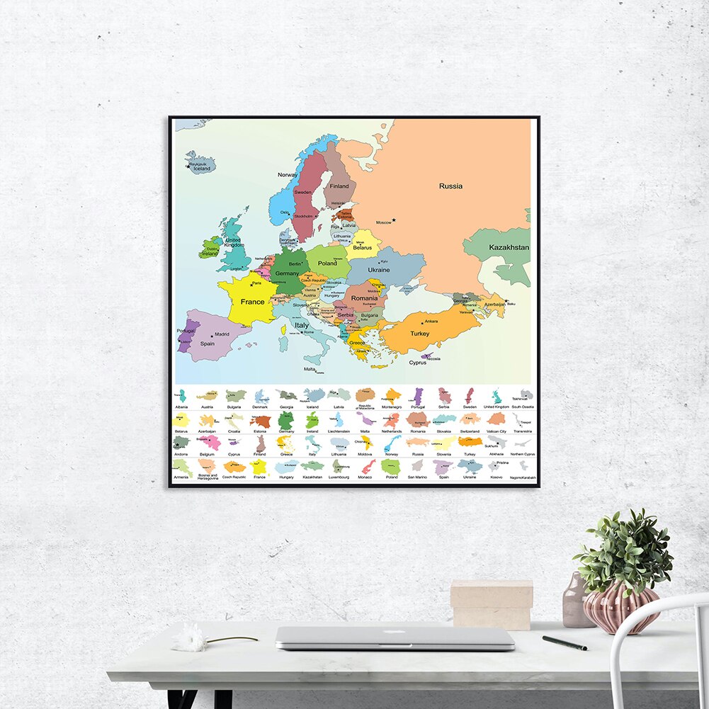 60*60cm The Europe Political Map Canvas Painting Wall Art Poster and Prints Classroom Home Decoration Children School Supplies