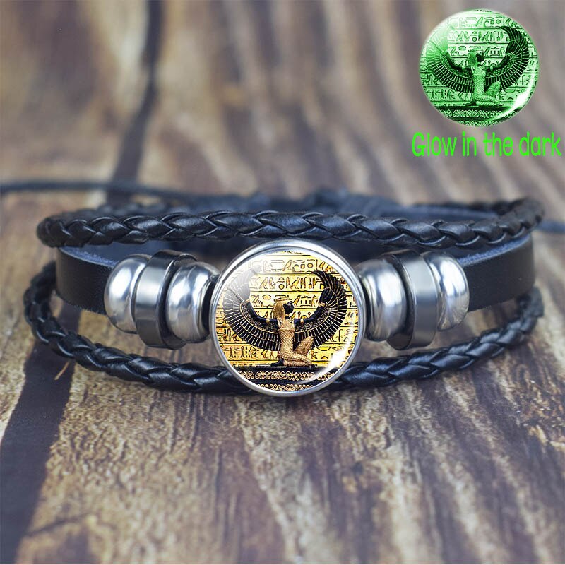 Pulsera de Ankh egipcio que brilla en la oscuridad, brazalete Punk Vintage Antiguo Egipto Anubis Scarab diosa, pulseras multicapa, joyería de amuleto: as show 7