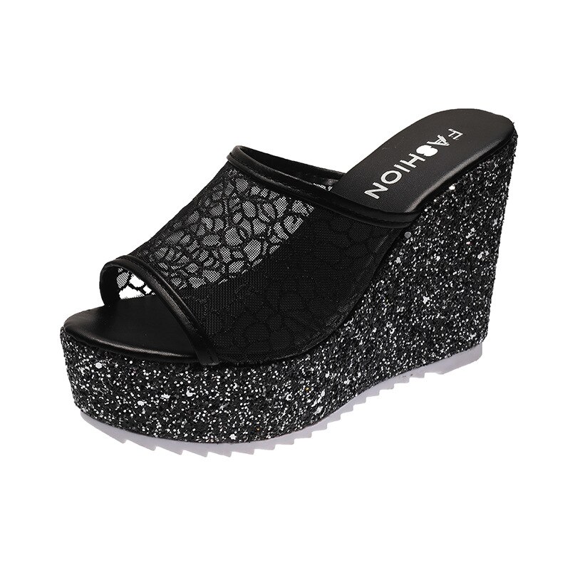 Nuevas zapatillas doradas de para mujer, zapatos de verano con plataforma (4cm) para el exterior, cuñas de tacón alto de 11cm, toboganes femeninos de malla lisa: Black / 39