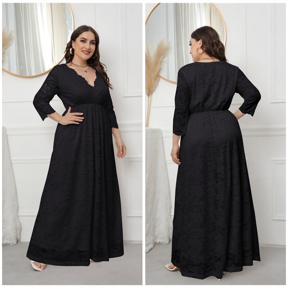 Spring European And American Style Plus Size V-Neck Evening Dress Hollowed Out Lace Dress For Women: XL / black