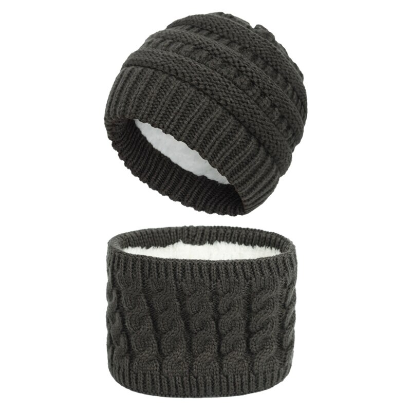 Newborn Baby 2Pcs Winter Beanie Hat Scarf Set Cable Knit Fleece Lined Skull Cap: Dark Grey