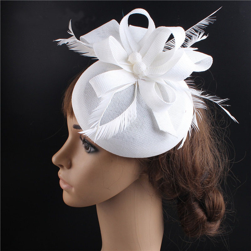 Fs Vrouwen Vintage Kerk Hoed Tovenaar Grote Derby Rose Rode Hoofdband Veer Mesh Party Hoeden Cocktail Grote Bruiloft Hoeden Fedora: White