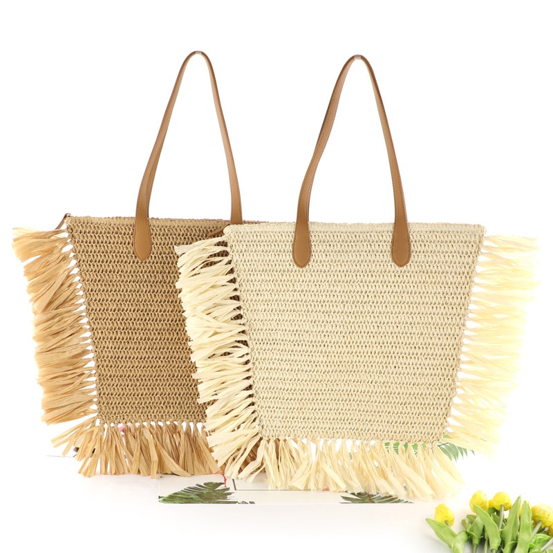 raw edge mustache tassel straw bag large capacity shoulder woven bag casual female beach handbag Woman shopping bag