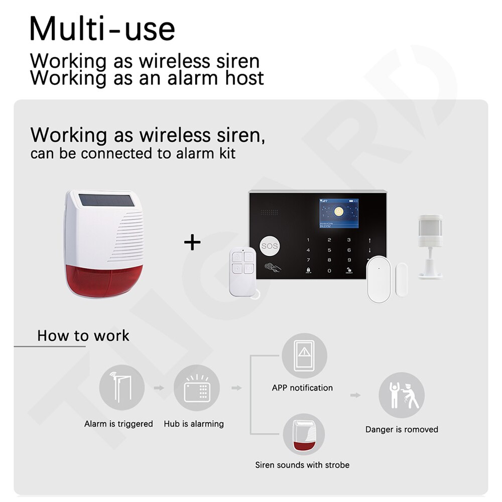 TUGARD SN40-sirena Solar inalámbrica para exteriores, luz estroboscópica de Flash, impermeable, sistema de alarma antirrobo de seguridad para el hogar, 433MHz