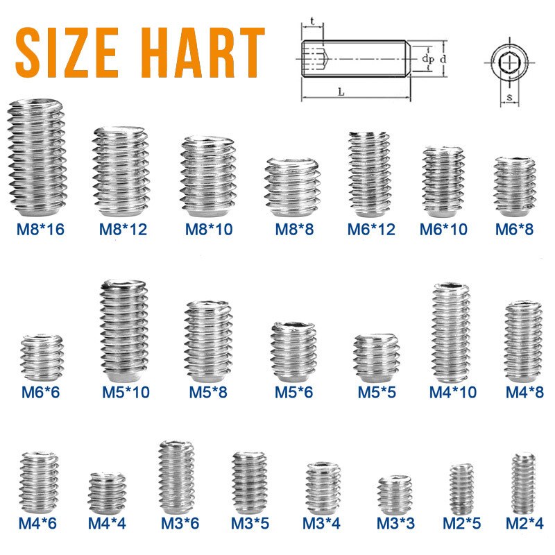 666Pcs Set Screw Hex Hexagon Socket Head Stainless Steel Headless Set Screw Assortment Kit M2 M3 M4 M5 M6 M8 Grub Screw