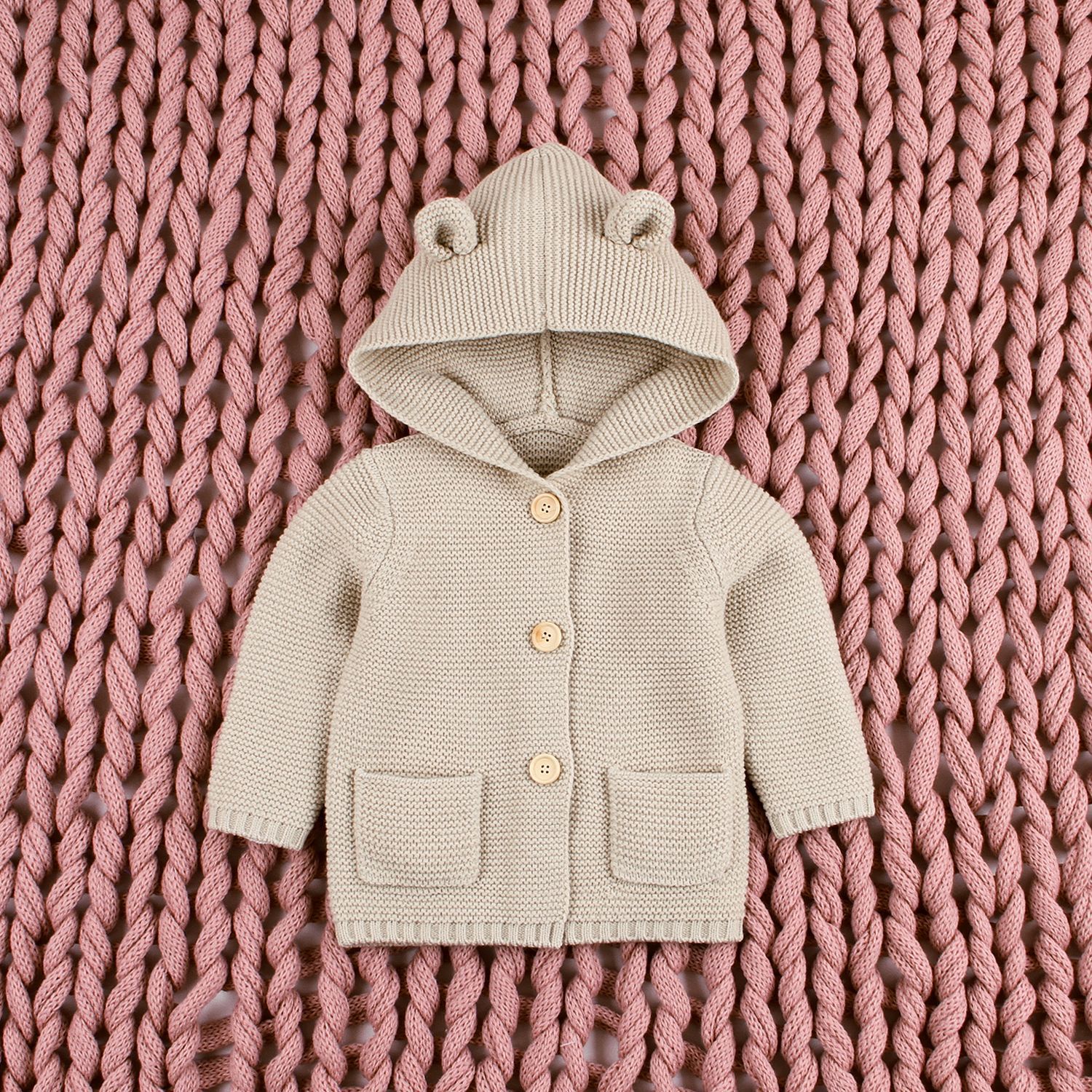 Nyfødt baby pige jakke langærmet baby strikket frakke efterår børn overtøj hættetrøje frakke til dreng lyserød jakke til pige 6m-18m: Khaki / 12m højde 66-73cm