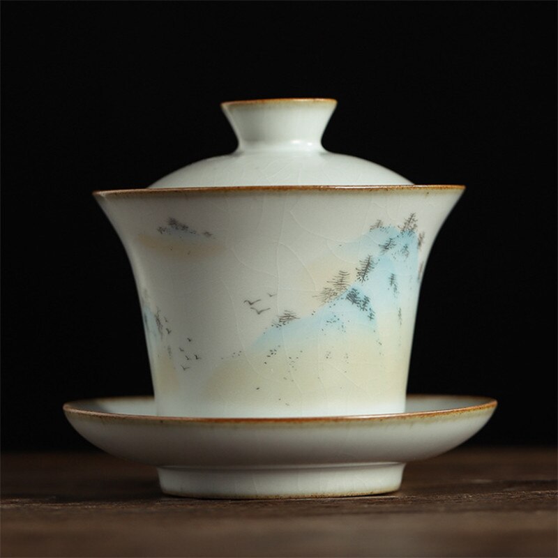 Large Jingdezhen Kiln Retro Ceramic Hand-painted Persimmon Kung Fu Gaiwan Handmade Porcelain Tea Tureen Office Tea Cup Drinkware: A