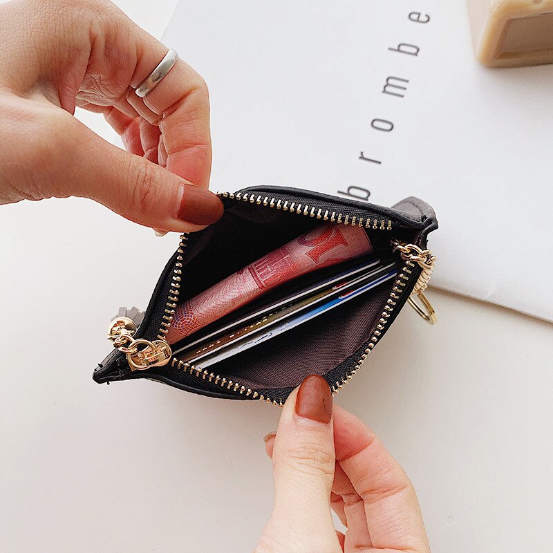 Enkel körsbär koreanskt pu-läder ultratunn klämma mjukt läderfransar dragkedja kort plånbok damkortväska noll plånbok