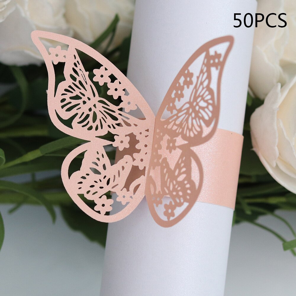 50 Stuks Jaar Hollow Papier Vlinder Servetringen Bruiloften Party Serviette Tafel Decoratie Gunst Voor Kerst: Roze