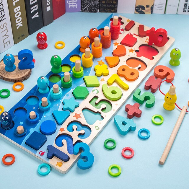 Montessori Pädagogisches Holz Spielzeug Kinder Beschäftigt Bord Mathematik Angeln kinder Holz Vorschule Montessori Spielzeug Zählen Geometrie: Deep Blue