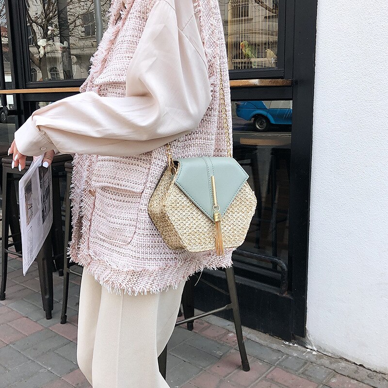 Summer Straw Women Handbags Pu Leather Small Tote Bags Women Casual Flap Crossbody Bags Tassel Shoulder Bag for Female