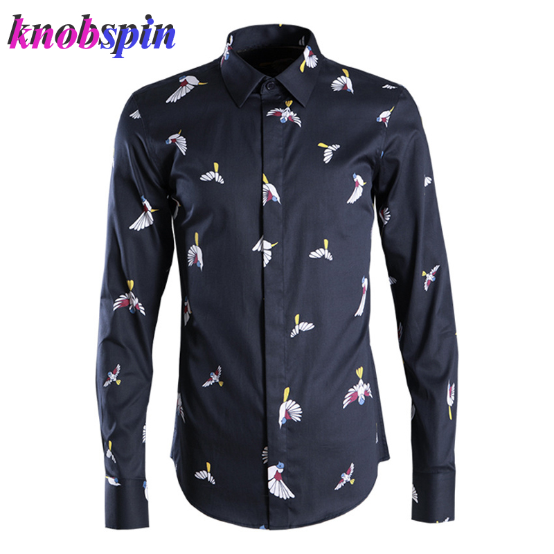 Camisa con estampado de pájaro para hombre, ropa de algodón de manga larga, ajustada, informal, de talla grande, nueva , a la ,