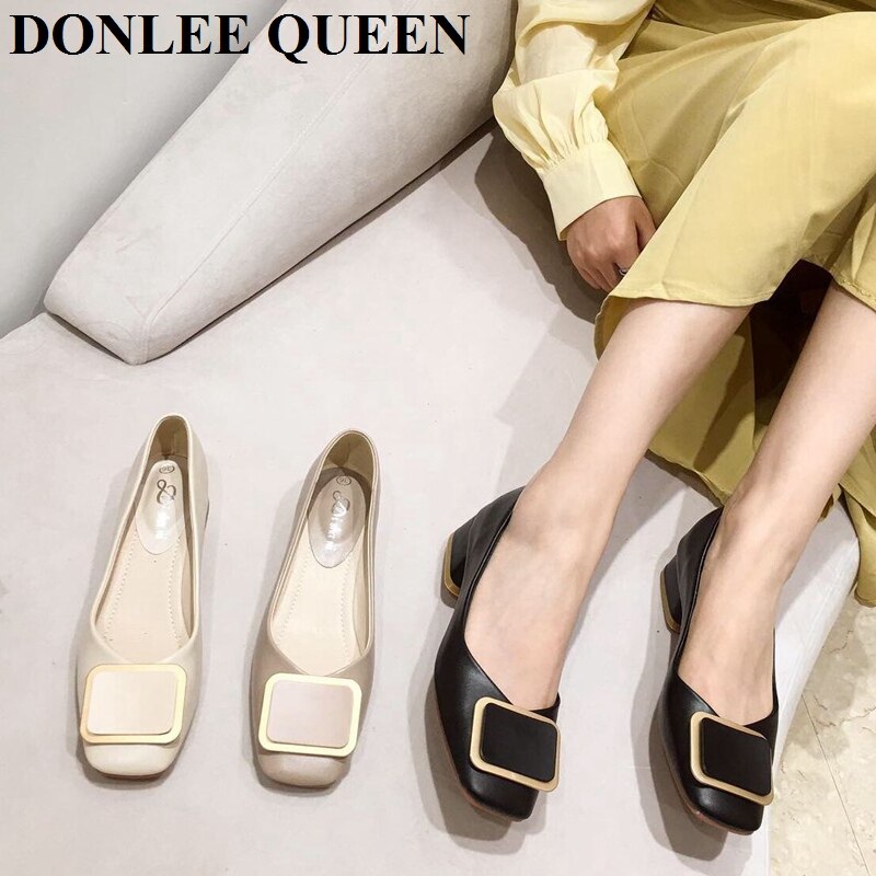Zapatos planos de bailarina para mujer, bailarinas informales de trabajo, de tacón bajo, mocasines cuadrados con hebilla de Metal
