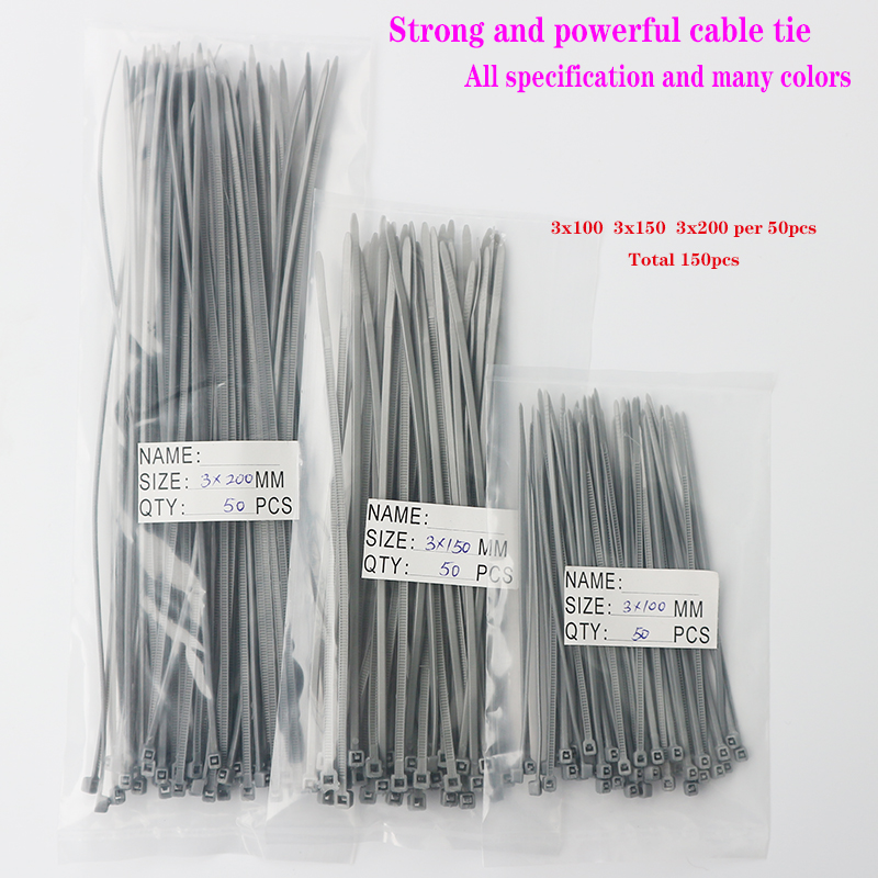 150 Stuks Grijs Kleur Zelfblokkerende Plastic Nylon Kabelbinder Bevestiging Ring3X200 Kabel Tie Zip Wraps Band Nylo
