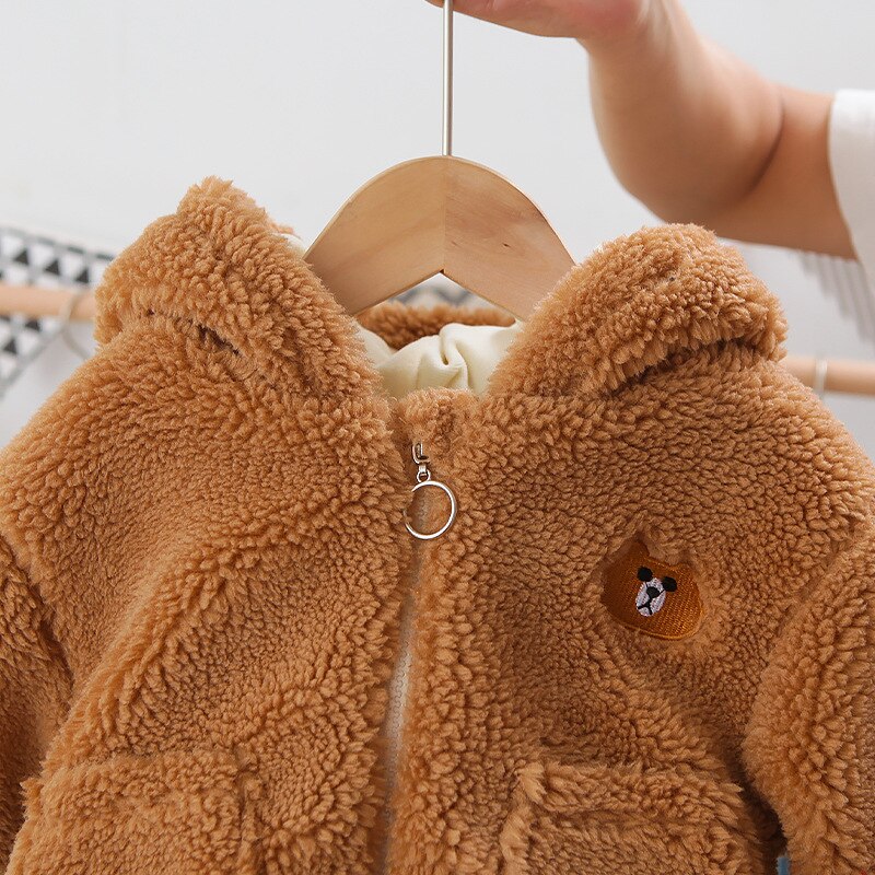 Zimowe ciepłe dzieci dzieci kreskówka niedźwiedź z kapturem wełna jagnięca grube kurtki z polaru chłopcy codzienna odzież wierzchnia płaszcze Casaco