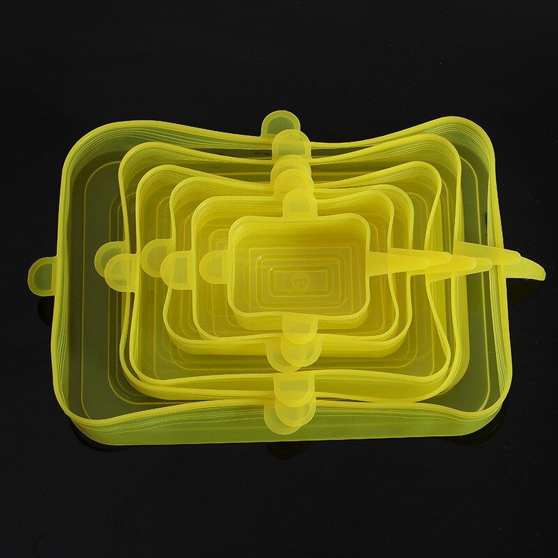 6 PCS Silicone Stretch Lid Adaptable Cover for Cookware Bowl Reusable Universal Dish Stretch Cap Seal Bowl Kitchen Accessories: Rectangl-Yellow-6PCS
